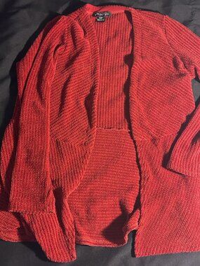 Michael Tyler Cozy Red Chenille Ribbed Open Front Cardigan Sweater Small